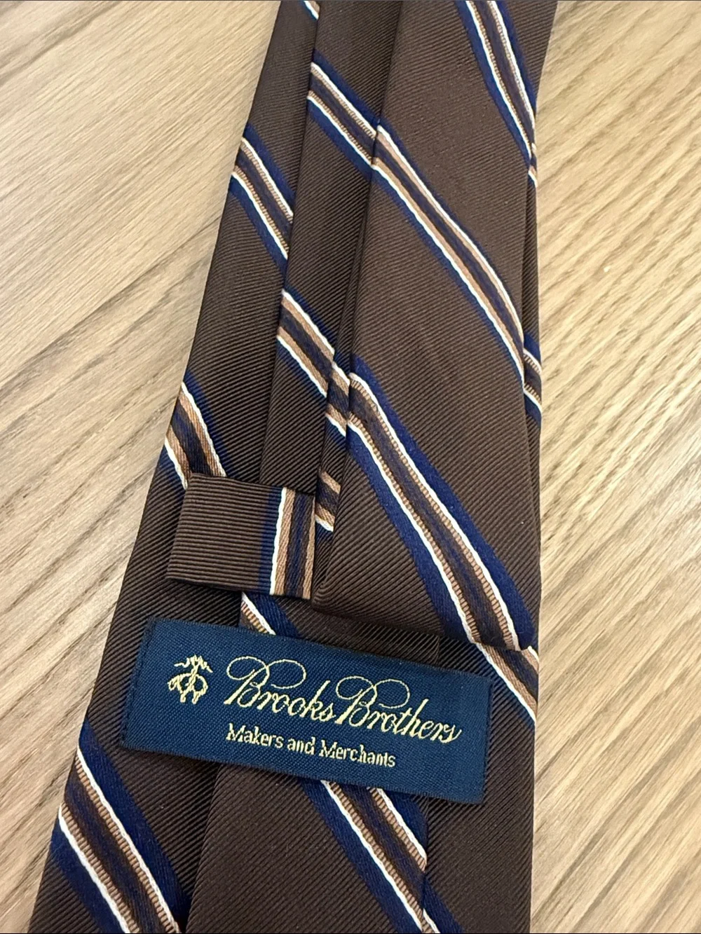 Brooks Brothers Brown Tie with Blue and Cream Diagonal Stripes